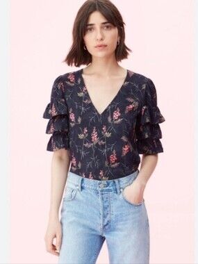 Rebecca Taylor navy blue floral silk blend ruffle sleeve blouse